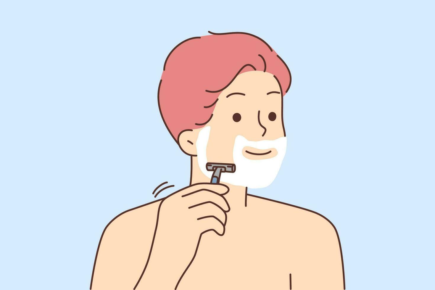 sonriente joven hombre afeitado con maquinilla de afeitar en baño o ducha. contento masculino hacer diario belleza protección de la piel procedimientos. bienestar y facial tratamiento. vector ilustración.