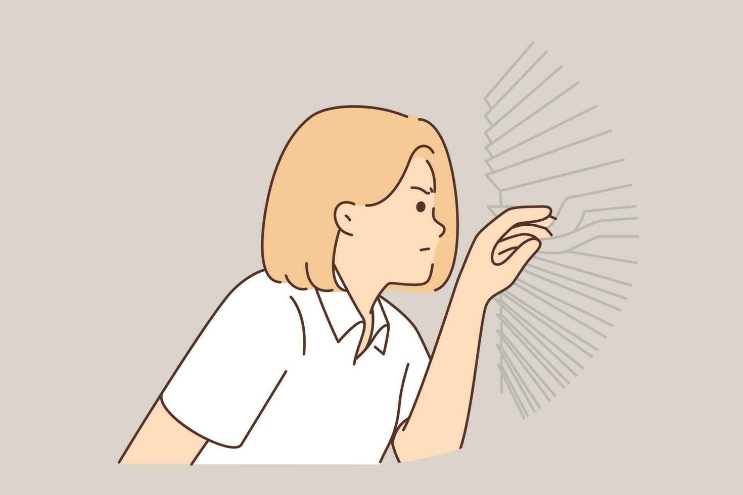 Suspicious woman looks through blinds at window, suffering from paranoia and distrust of neighbors. Suspicious girl with frown face is spying behind closed blinds or is conducting secret investigation vector