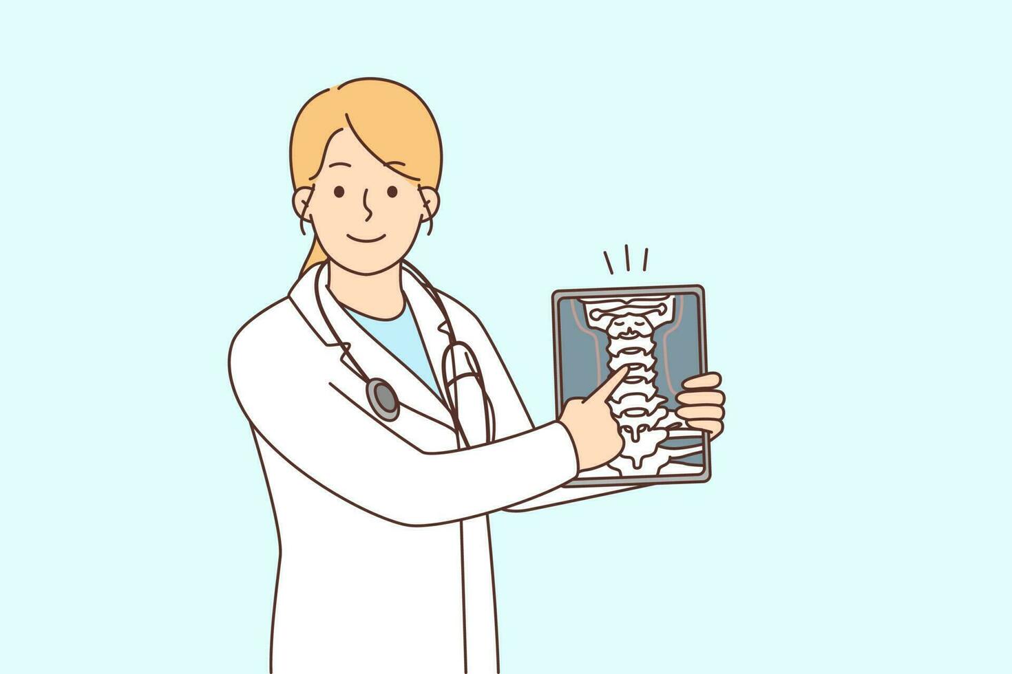 Smiling female doctor in white medical uniform show body organ on tablet. Woman surgeon of GP demonstrate healthcare problem on pad. Vector illustration.