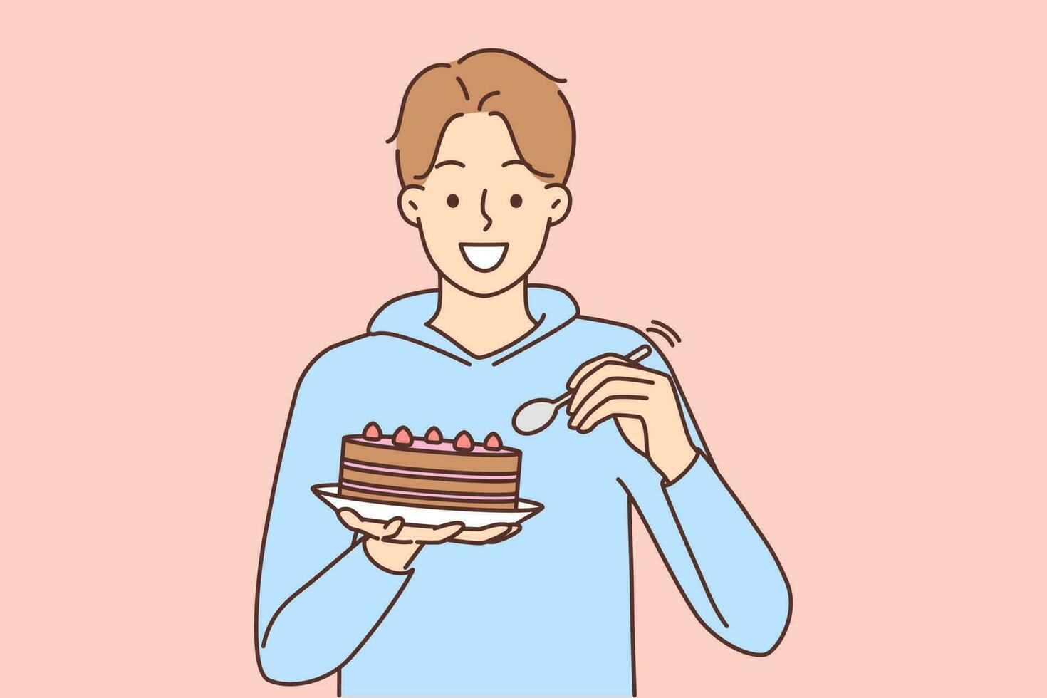 Smiling young man eating cake with spoon. Happy male enjoy chocolate dessert. Nutrition and diet. Vector illustration.