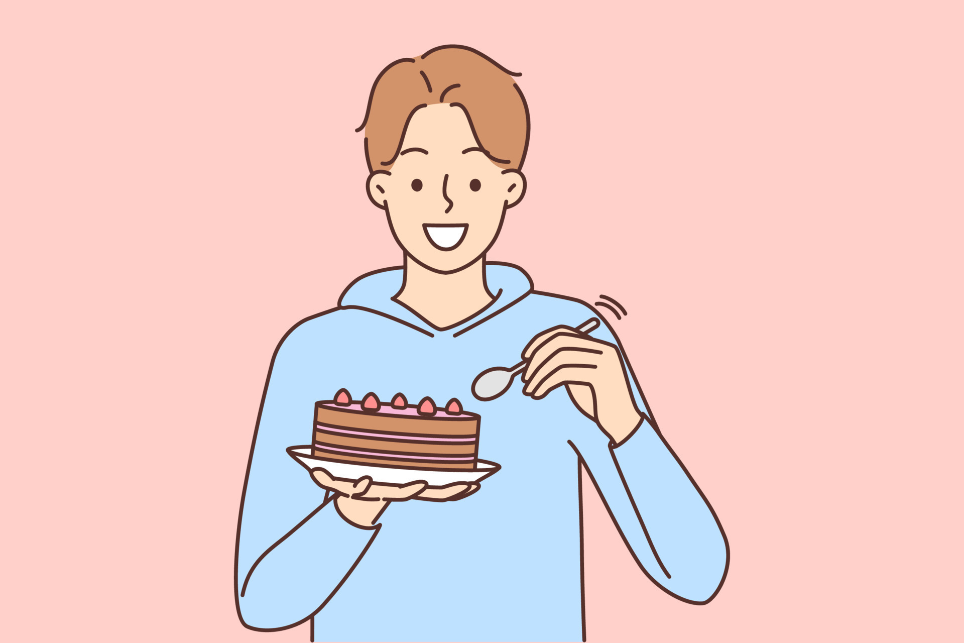 Smiling young man eating cake with spoon. Happy male enjoy chocolate