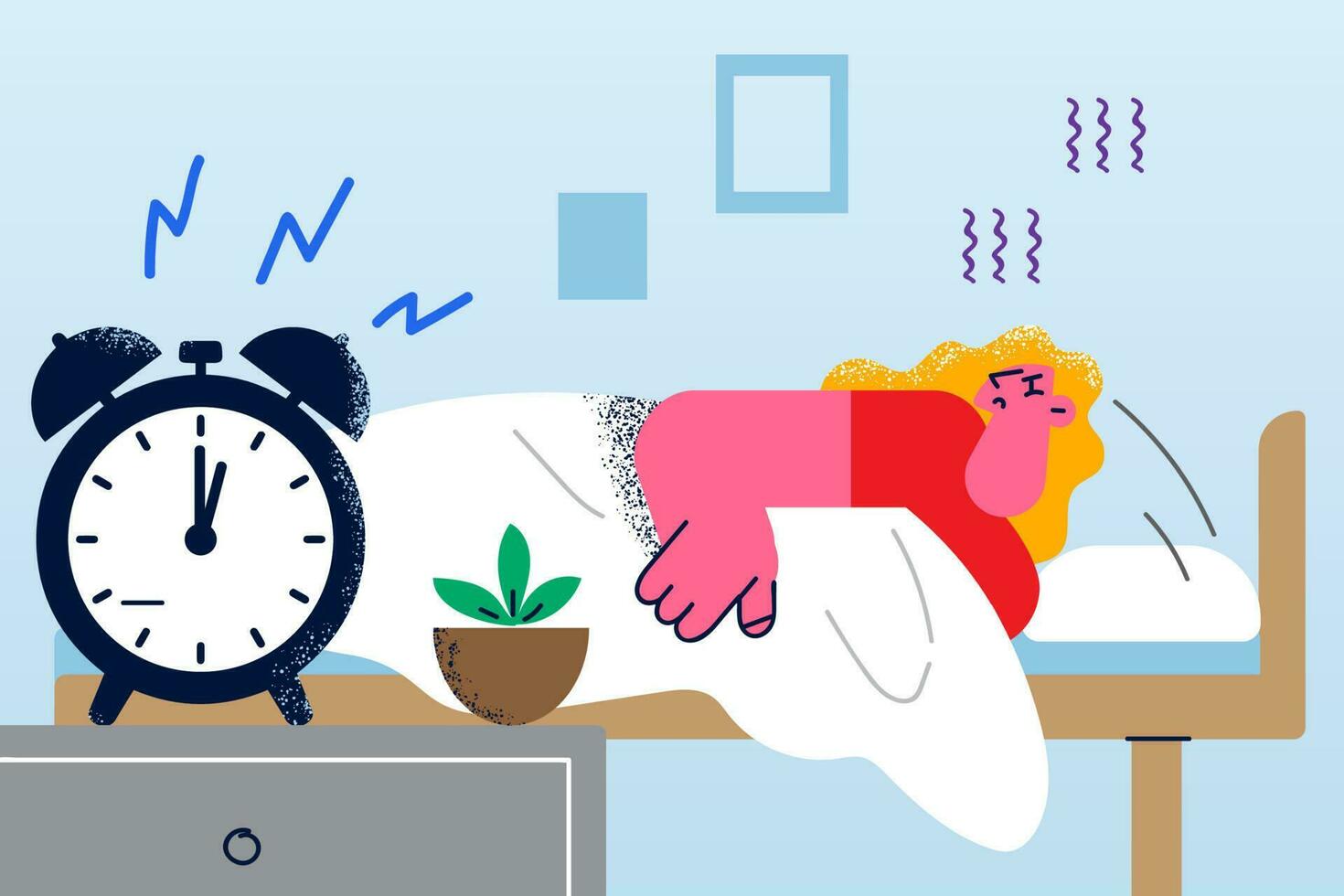 Tired young woman lying in bed feel tied to pillow unable wake up in morning with alarm clock ring. Exhausted lazy girl sleep in bedroom suffer from fatigue. Flat vector illustration.