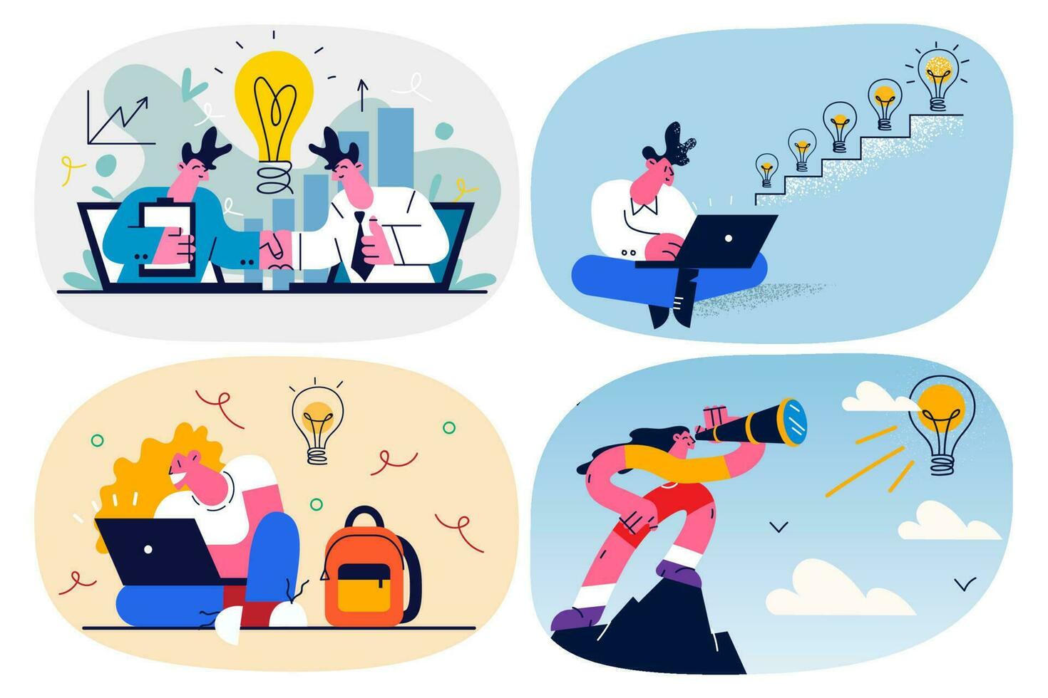 Businesspeople look for new opportunities discover generate business ideas for goal accomplishment. Employee or worker brainstorm develop project make deal. Flat vector illustration. Set.