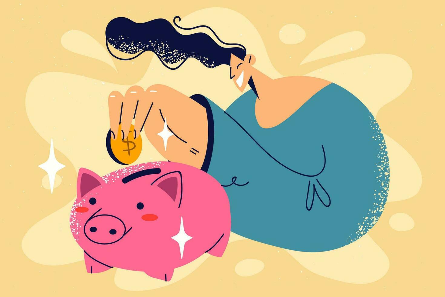 Smiling person put coin in piggybank saving money. Happy man save finances in piggy bank manage budget. Finances and stability. Vector illustration.