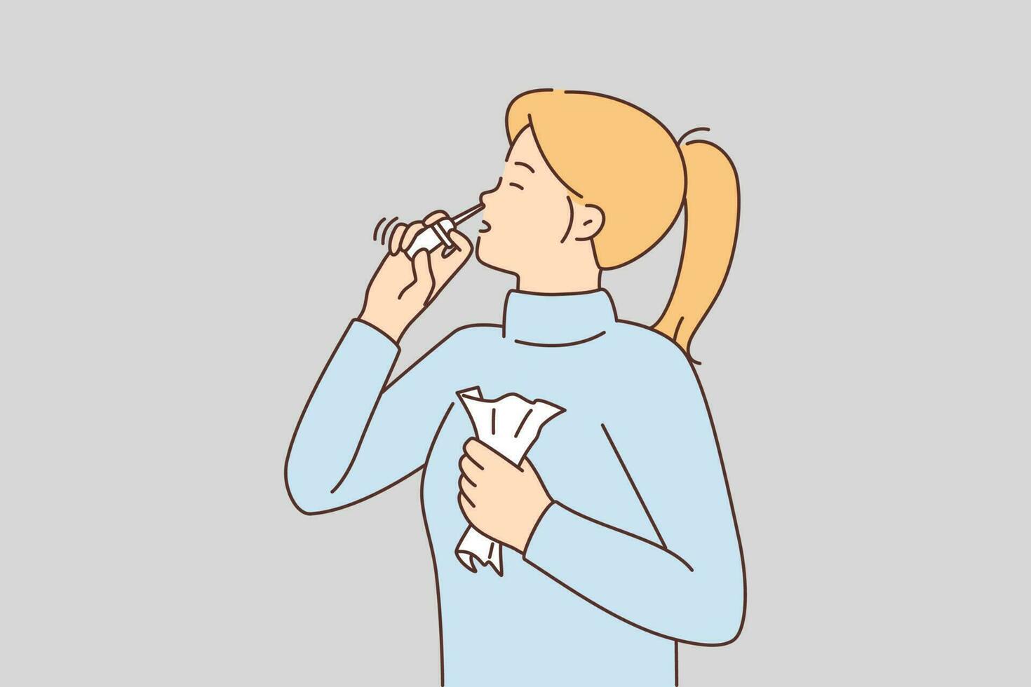 enfermo mujer utilizando nasal rociar sufrir desde líquido nariz. insalubre niña tomar medicación luchando con frío o gripe. cuidado de la salud y medicamento. vector ilustración.