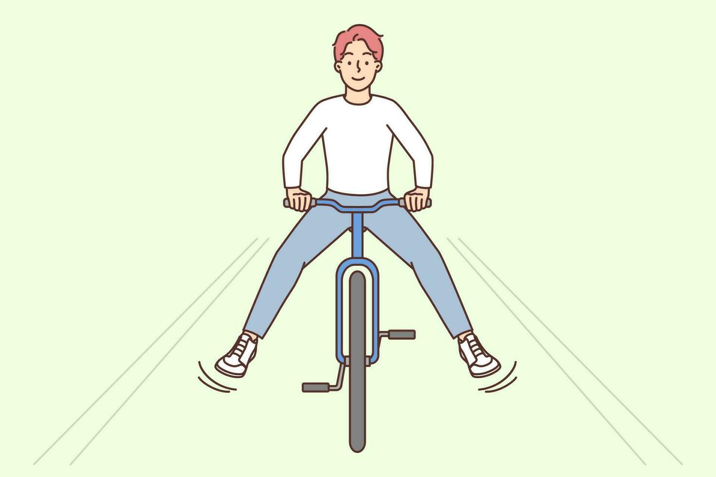 Overjoyed young man riding bike outdoors. Smiling guy have fun enjoying bicycle ride on street. Weekend activity outside. Vector illustration.