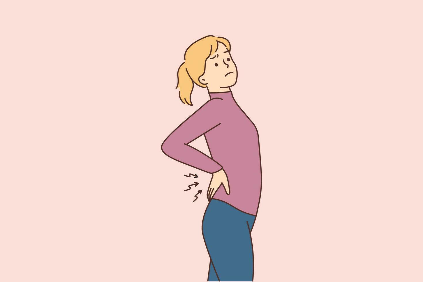 joven mujer extensión sufrir desde dolor de espalda. insalubre hembra ejercicio dificil con doloroso inferior espalda espasmo o cepa. cuidado de la salud. vector ilustración.