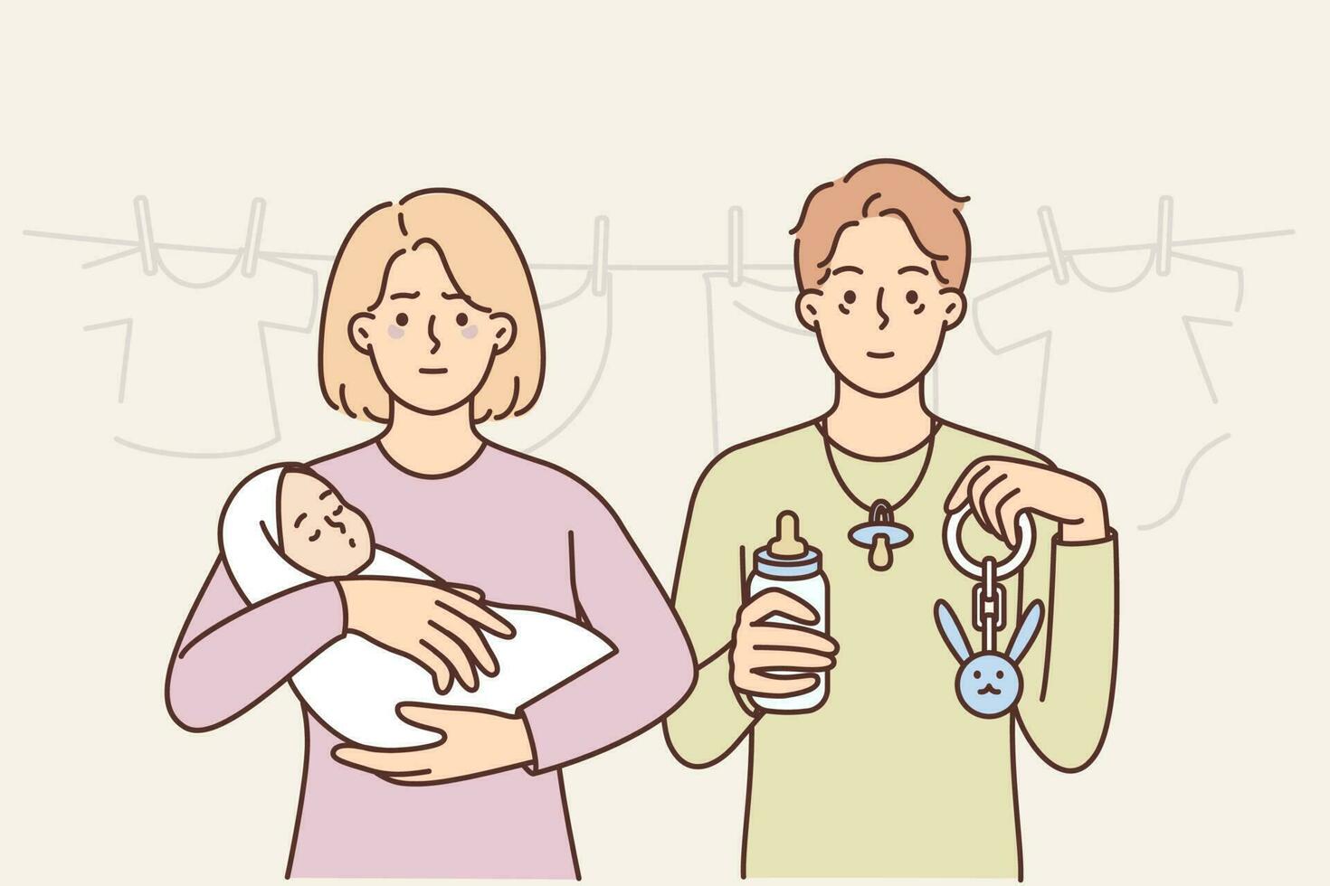 Tortured newborn with newborn child are raising son and feel tired because of parental troubles. Tired mom and dad holding newborn baby for concept of family planning and education for parents vector