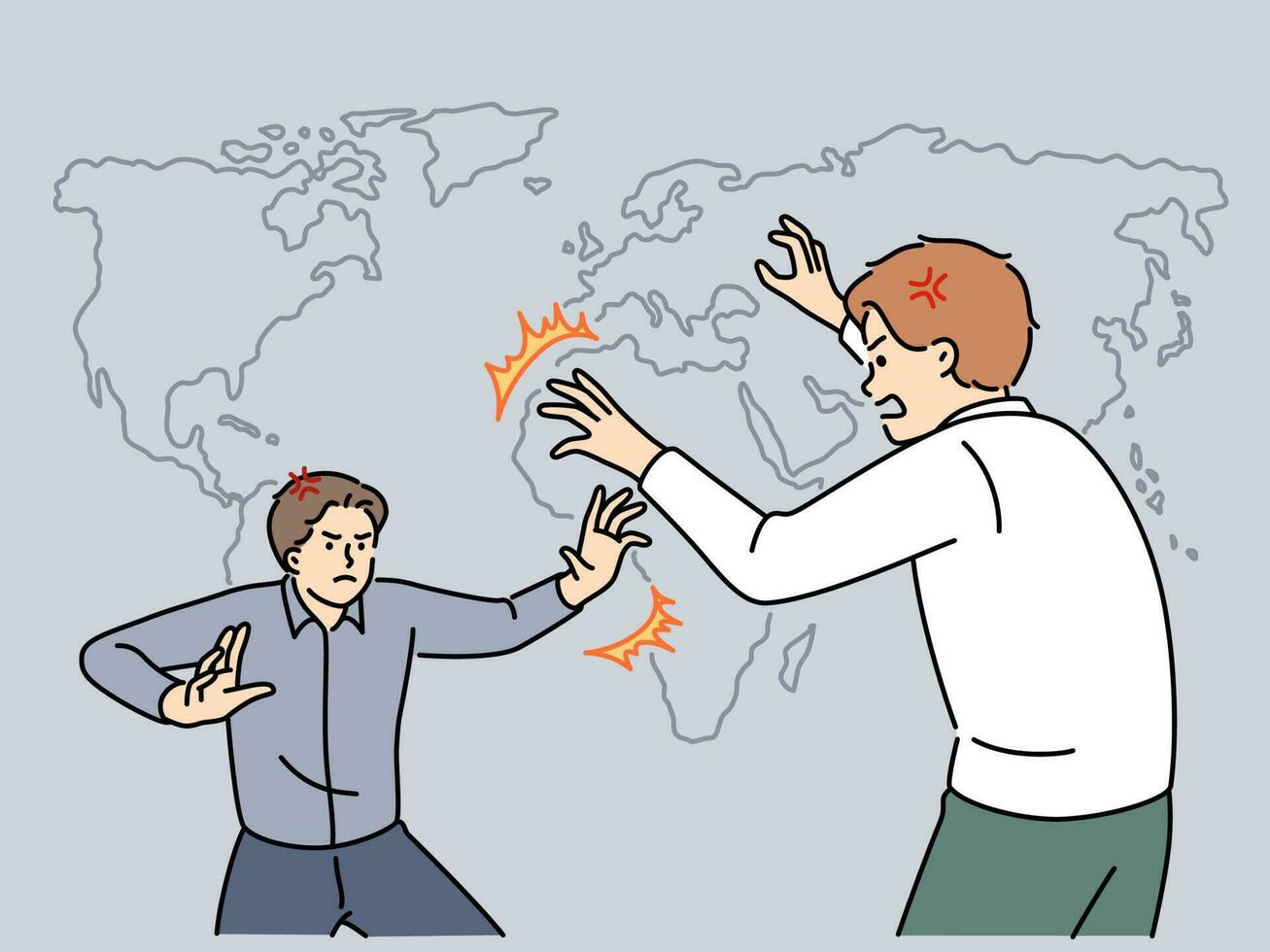 Furious businessmen fighting on world map background. Mad male employees in quarrel on terms of international business. Vector illustration.