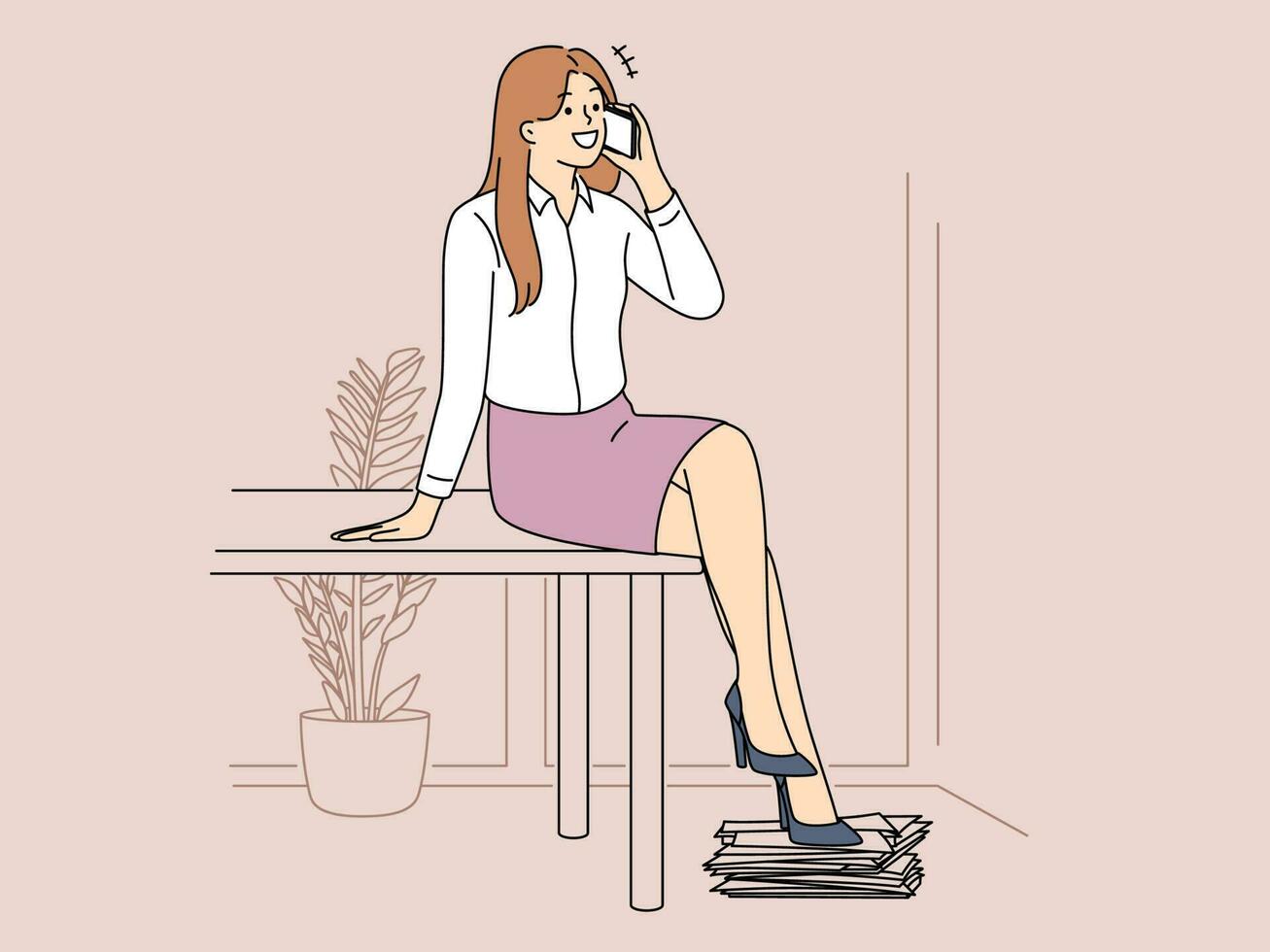 Smiling young businesswoman sit in office talk on cellphone. Happy female employee or worker have smartphone call or conversation at workplace. Vector illustration.