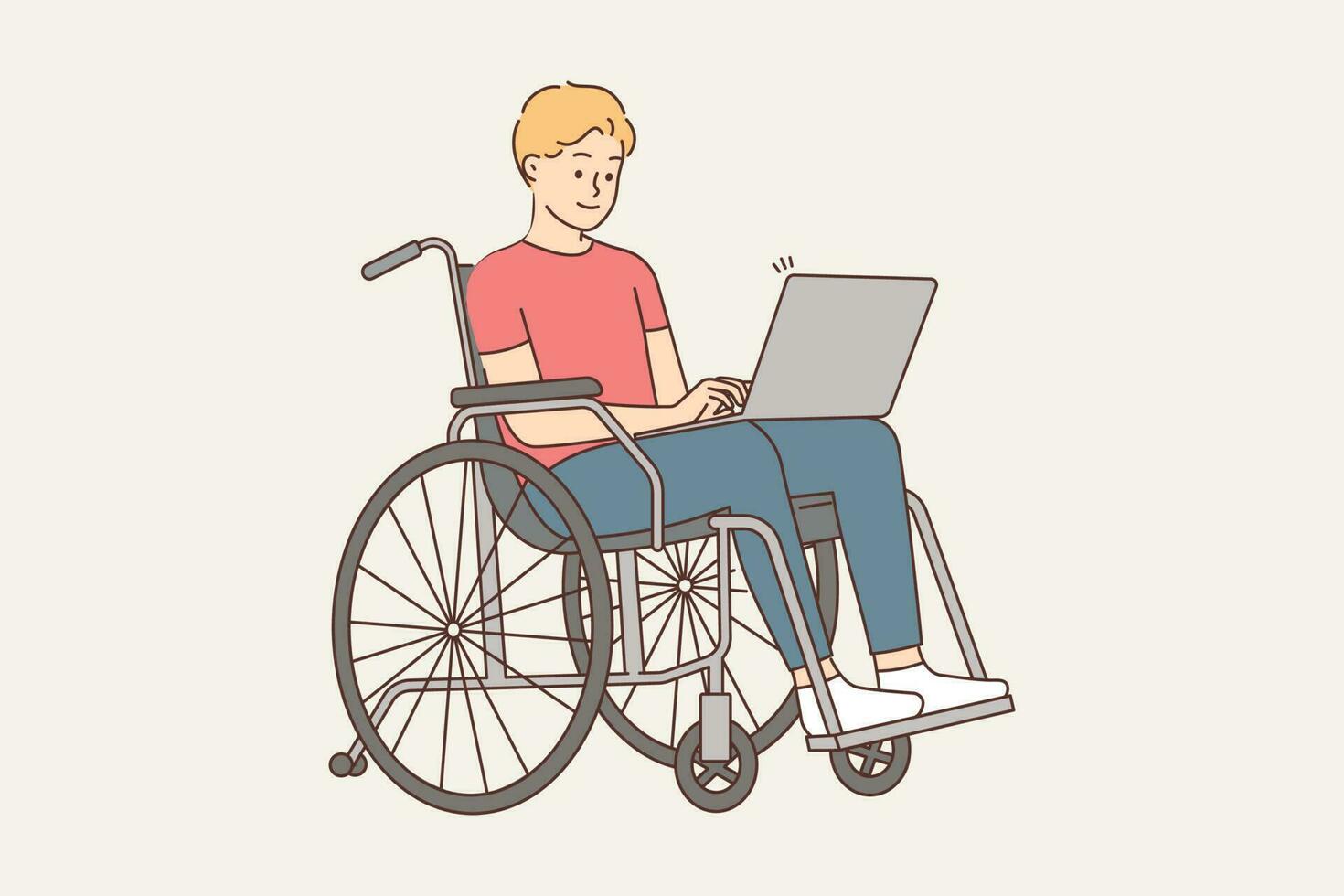 sonriente joven hombre sentar en silla de ruedas trabajo en ordenador portátil. contento optimista minusválido chico utilizar computadora hacer Lanza libre trabajo o vistazo Internet. vector ilustración.