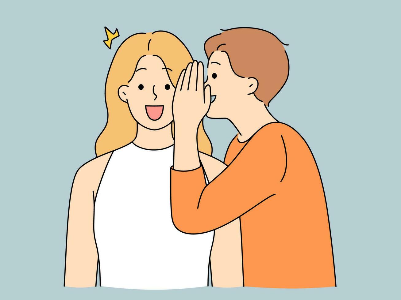 Young man tell secret to excited woman. Guy sharing private hidden information with female friend. Gossip and rumor. Vector illustration.