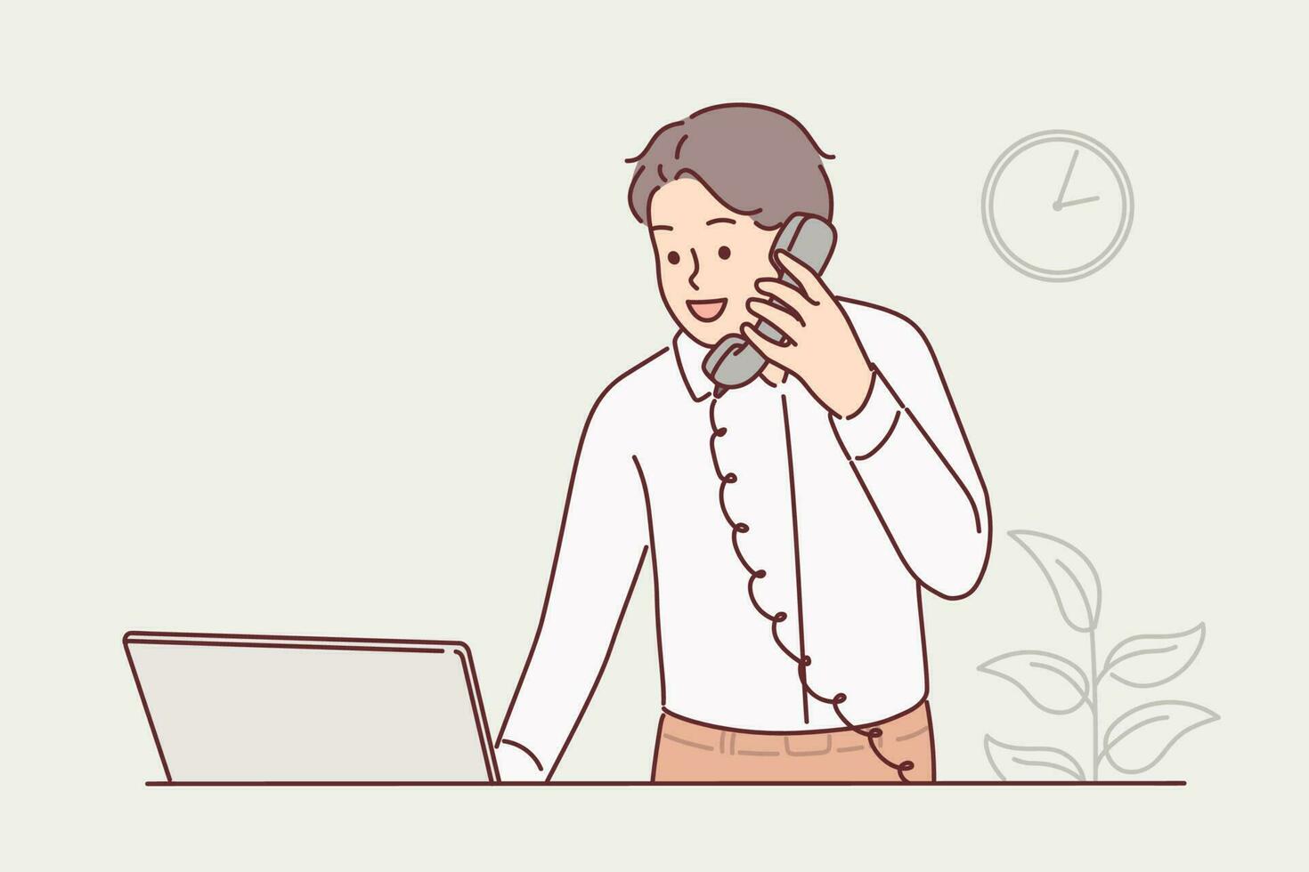 Man receptionist works in hotel and talks on phone with guests or answers questions from potential customers. Guy receptionist or hotel administrator helps to book room for guest calling by telephone vector