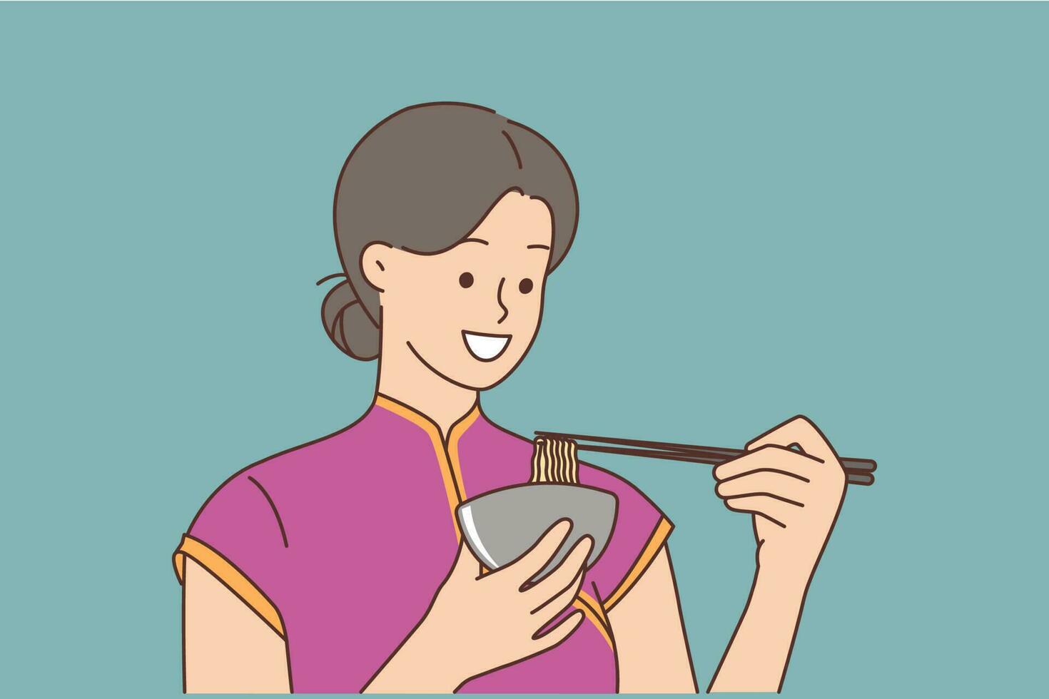 Smiling woman in traditional clothes eating noodle with chopsticks. Happy female enjoy Asian food from bowl. Culture and cuisine. Vector illustration.