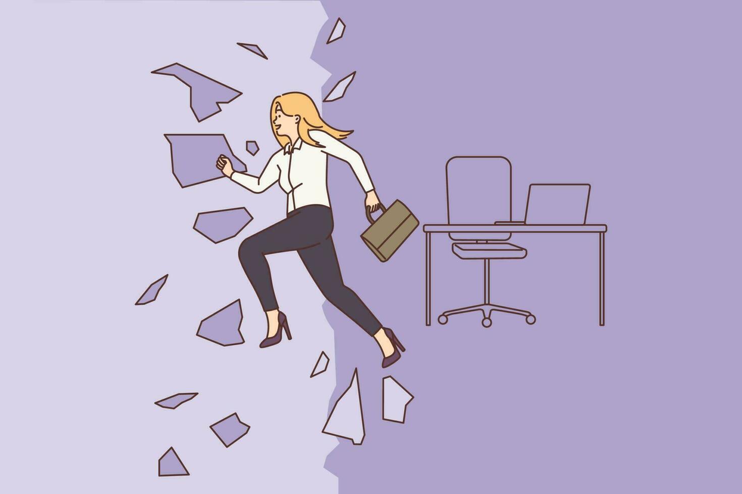 Happy young businesswoman break wall quit hatred office job. Motivated smiling female employee run from business employment set free. Vector illustration.