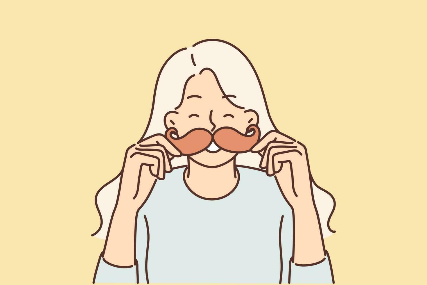 Cheerful girl puts cardboard mustache to face and laughs choosing funny mask for photo. Young woman with fake mustache and playful mood smiling enjoying accessories from photozone at party vector