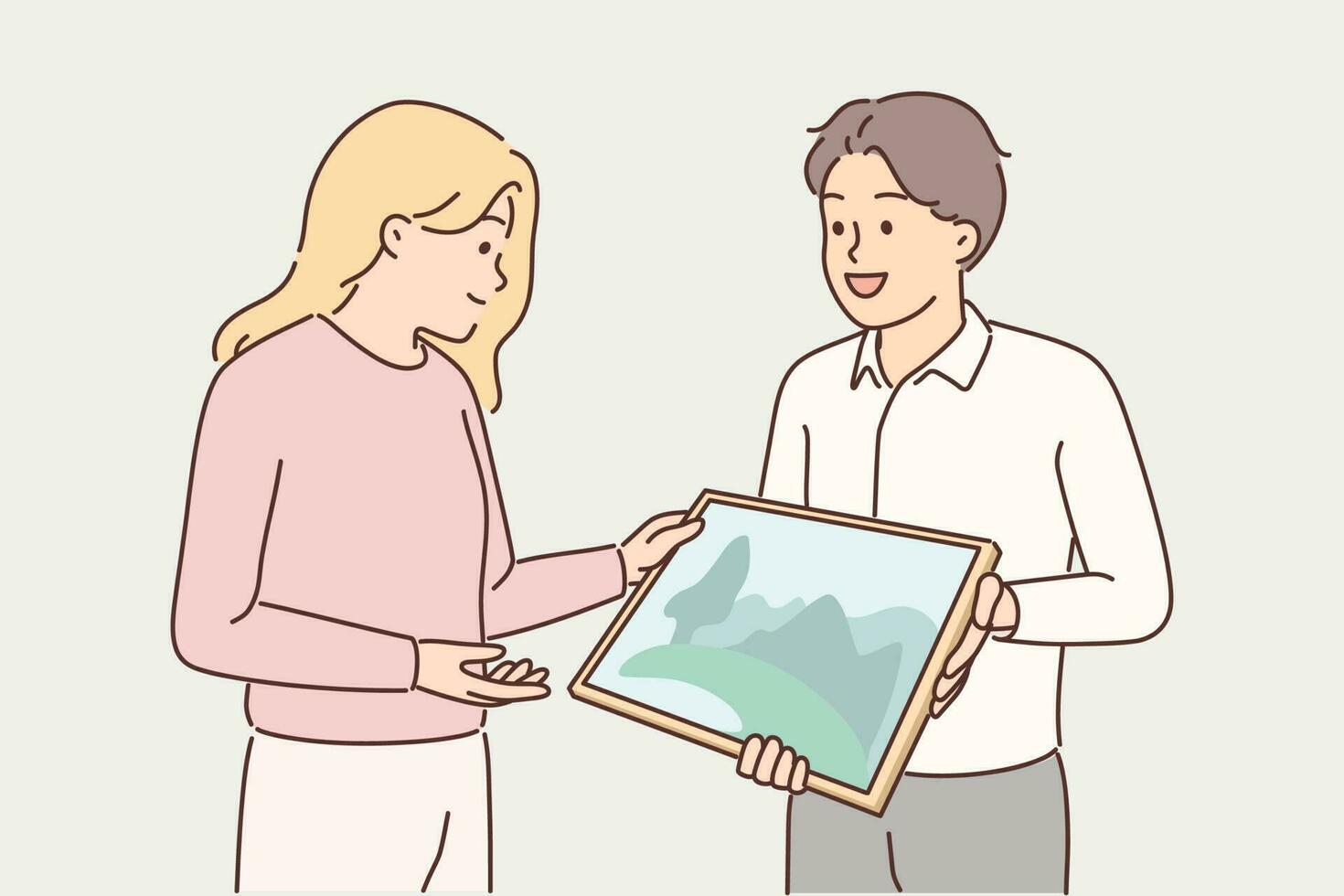 Man artist shows picture to gallery representative wishing to arrange creative exhibition or participate in exposition. Guy with picture of natural landscape demonstrates his own creativity vector