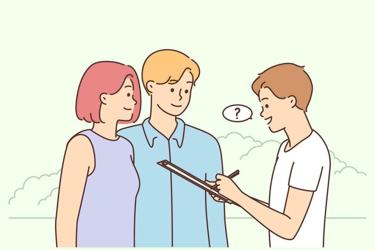 Young man asking question to couple outdoors. Smiling male interviewer making poll talking to people outside. Vector illustration.