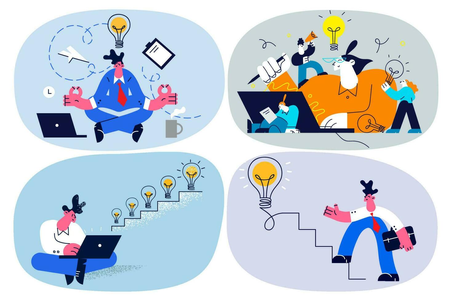 Businesspeople go up career stairs generate new ideas in business. Employee brainstorm engaged in startup project or strategy development. Problem solution. Employment. Flat vector illustration. Set.