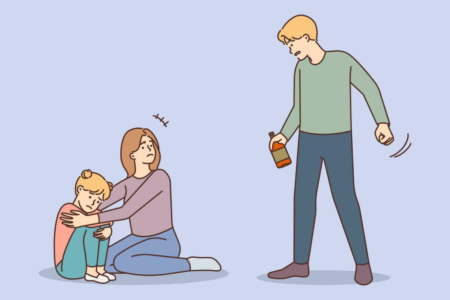 Scared young mother protect kid from drunk father. Loving terrified mom and little child afraid of man with bottle in hand. Domestic violence. Vector illustration.