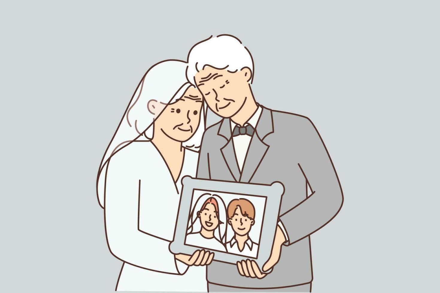 Elderly men and woman in wedding clothes hold portrait of young couple from marriage ceremony. Romantic grandmother and grandfather celebrate golden wedding anniversary and remember youth vector