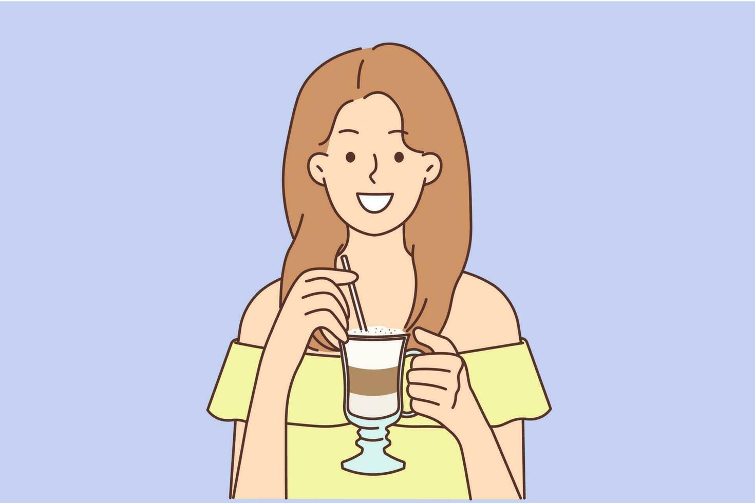 sonriente joven mujer bebida café desde vaso taza. contento niña disfrutar latté o capuchino con paja. vector ilustración.