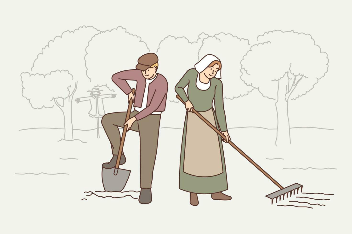 Anticuado personas trabajando en campo . vector Anticuado personas en tradicional ropa trabajando en jardín juntos. antiguo Pareja en antiguo camino hacer agricultura al aire libre. vector ilustración.