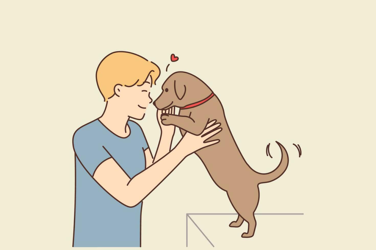 Happy guy playing with small puppy indoors. Smiling young man hug and cuddle cute dog show love and care for pet. Vector illustration.