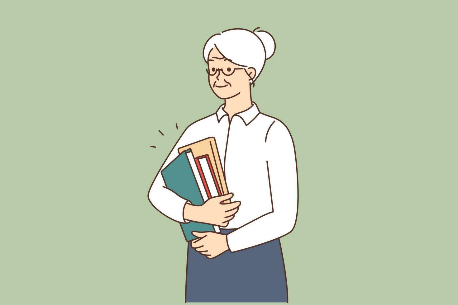 Smiling old teacher with books and journals in hands at work. Happy elderly employee at work. Mature people working. Vector illustration.