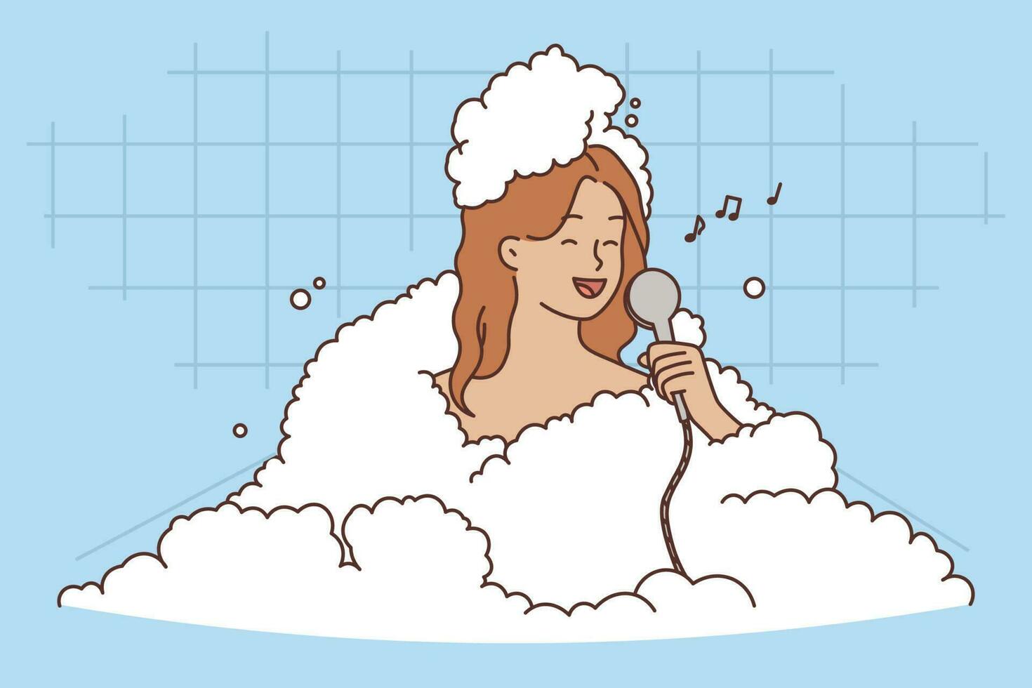 Smiling young woman sit in bathtub singing in shower. Happy girl relax in bath enjoying time in bathroom with bubbles. Vector illustration.