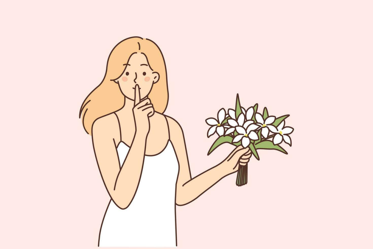 mujer con ramo de flores de primavera flores hace shh gesto con dedo a labios, falto a sorpresa amado uno. hermosa ramo de flores de margaritas en manos de niña quien ama flores y llamadas para silencio vector