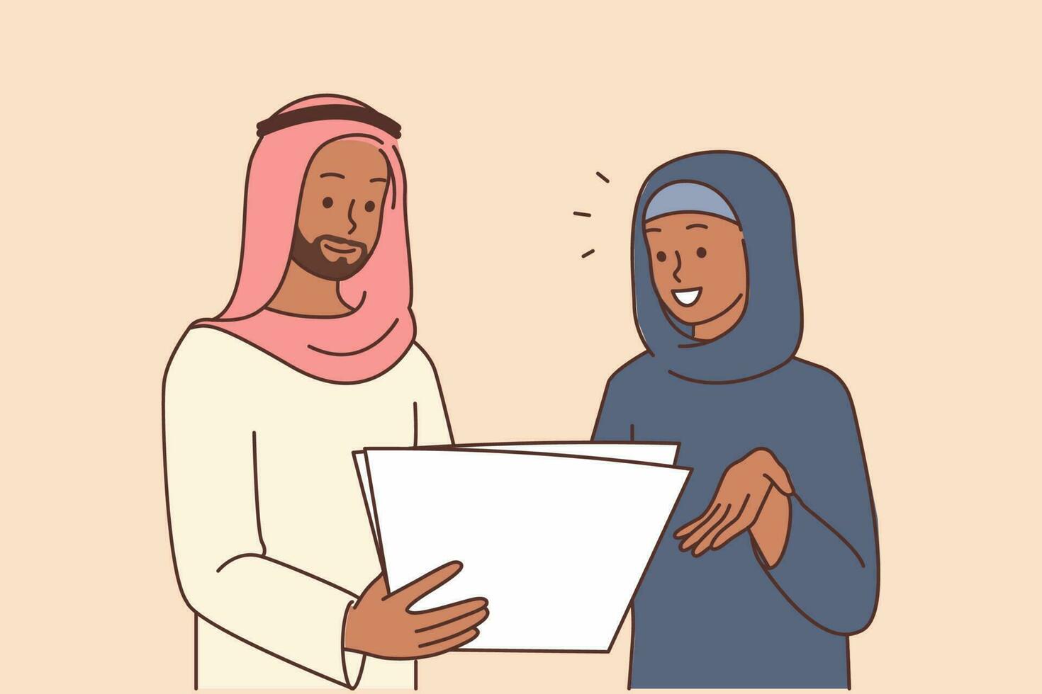 Smiling Arabic businesspeople in traditional clothes discussing paperwork. Happy muslim employees brainstorm about document. Vector illustration.