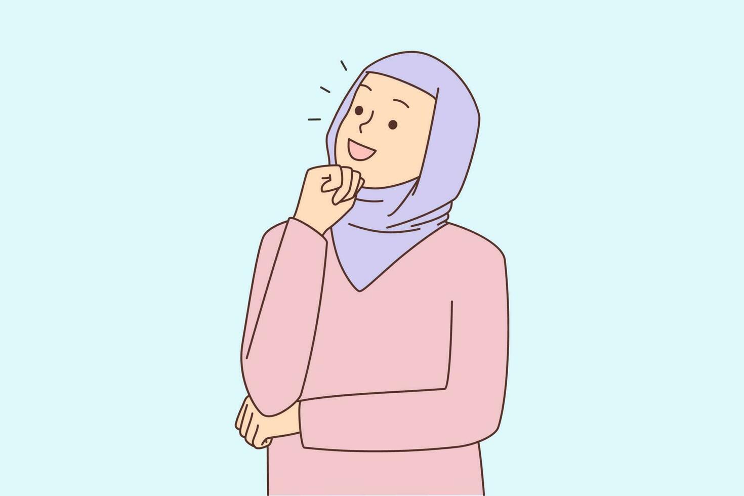 pensativo mujer en hijab pensando resolviendo problema. sonriente Arábica hembra hacer decisión o plan, buscar negocio solución. dilema y dudas. vector ilustración.