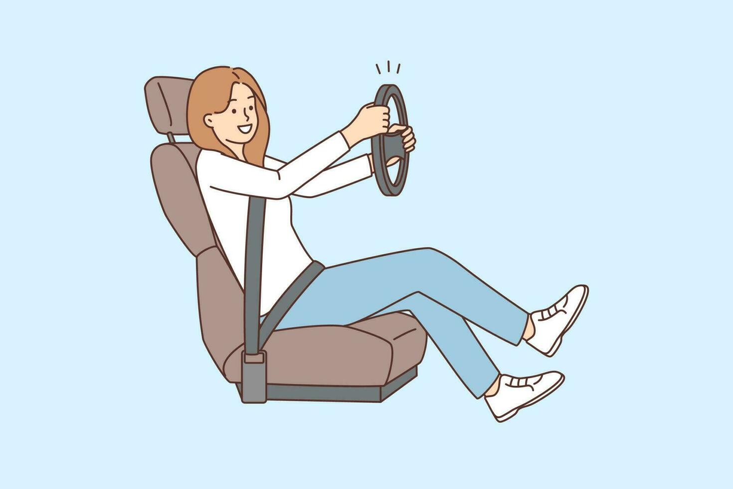 Smiling young woman sit in chair learn driving. Happy girl with steering wheel in hands drive car. Driving lessons concept. Vector illustration.