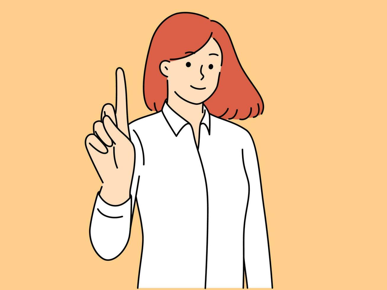 sonriente joven mujer punto dedo arriba generar negocio idea. contento mujer de negocios espectáculo hacia arriba a bueno acuerdo o promoción. vector ilustración.