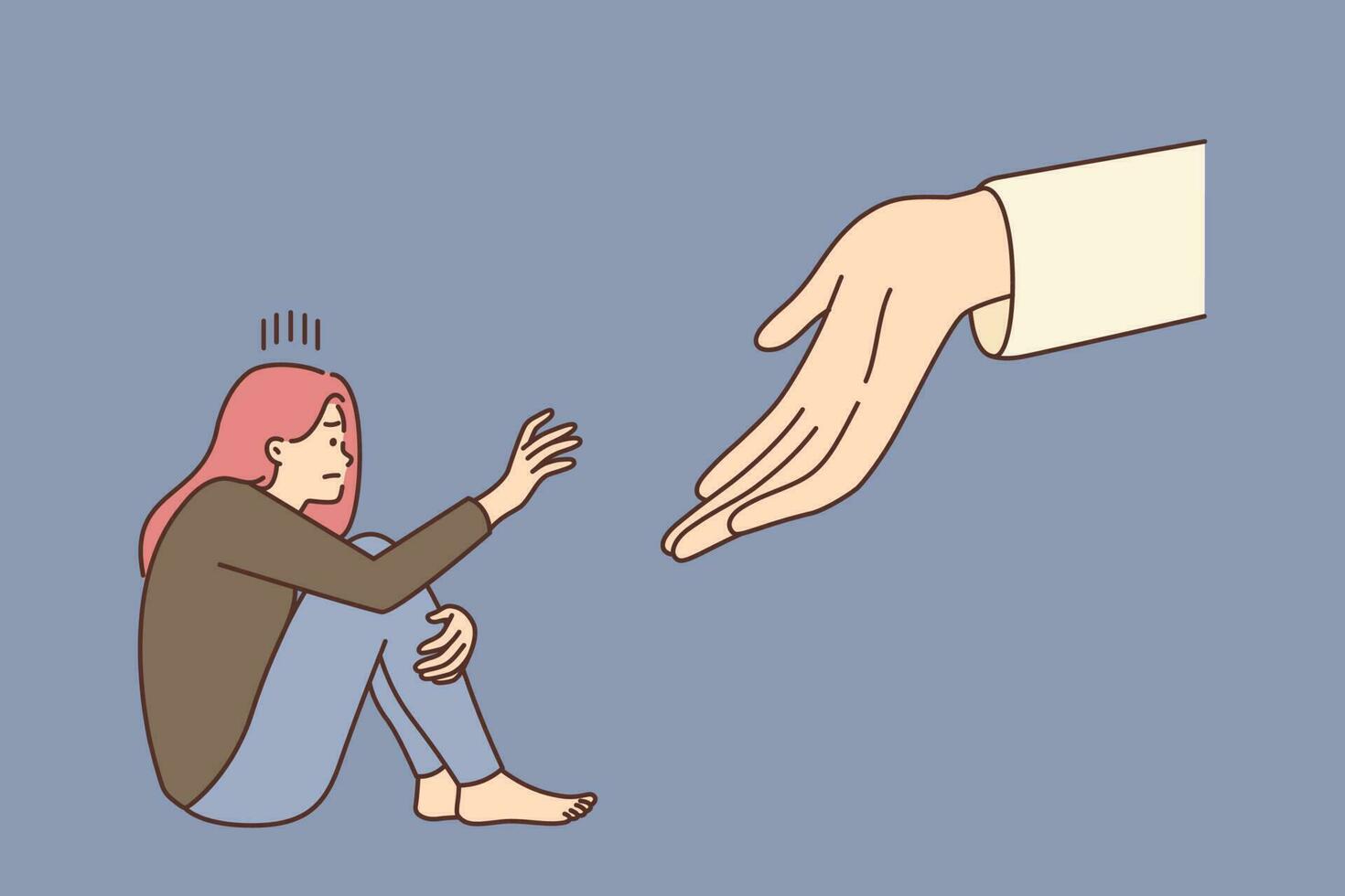 Hand stretch to unhappy young stressed woman suffer from depression or mental problems. Person give help to distressed girl in bad life state. Cooperation and aid. Vector illustration.