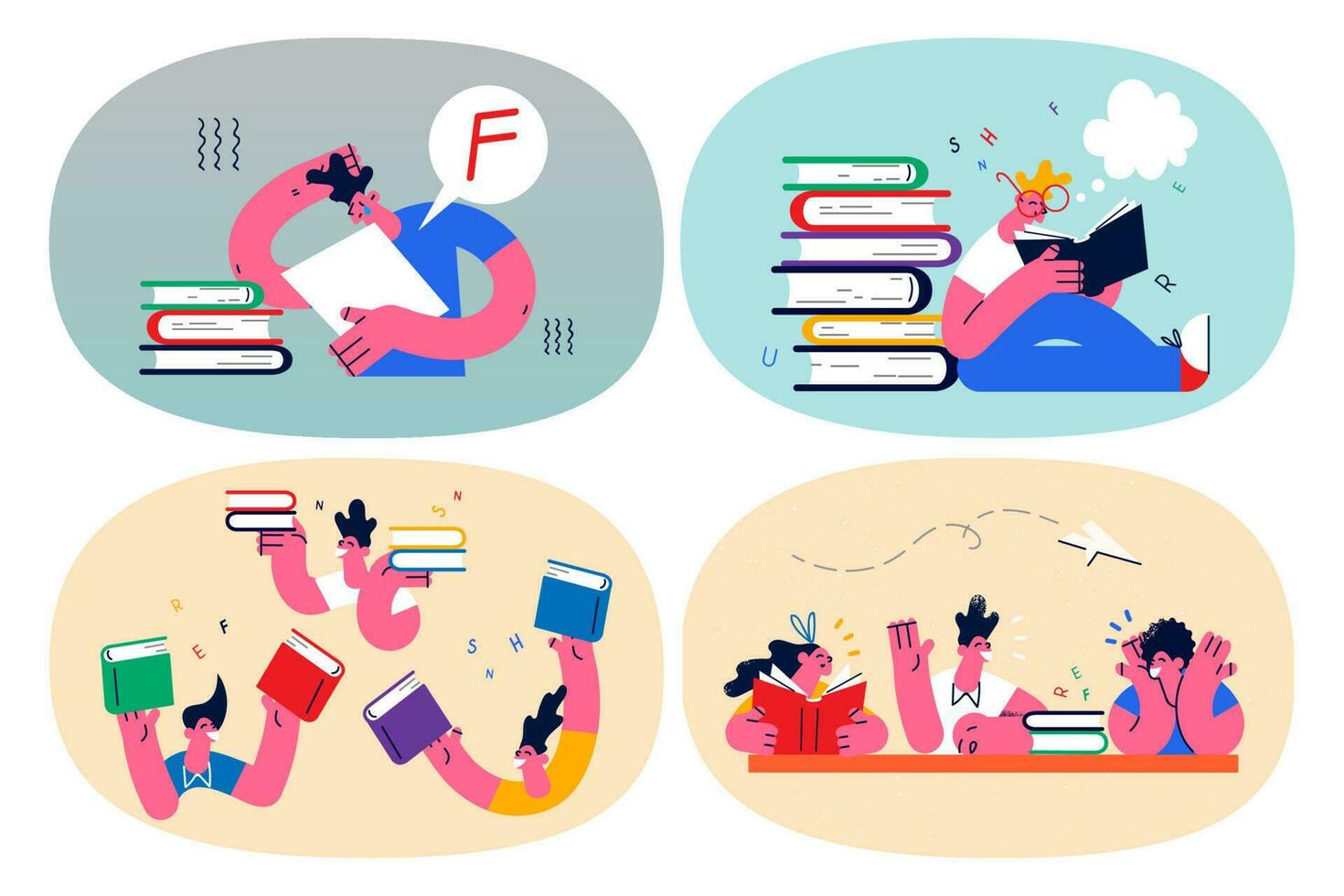 conjunto de estudiantes con libros de texto aprender preparar para examen o lección. alumnos niños leer libros estudiar para colegio o colega. educación y conocimiento concepto. plano vector ilustración.