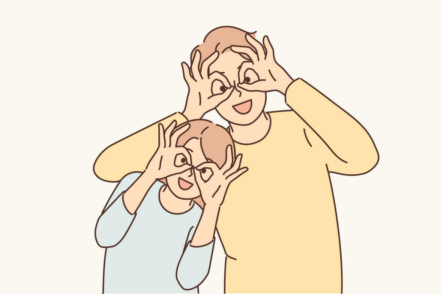 Happy father and daughter make funny faces to have fun putting fingers to eyes instead of glasses. Happy family of man and teenage girl having rest together posing with funny grimace vector