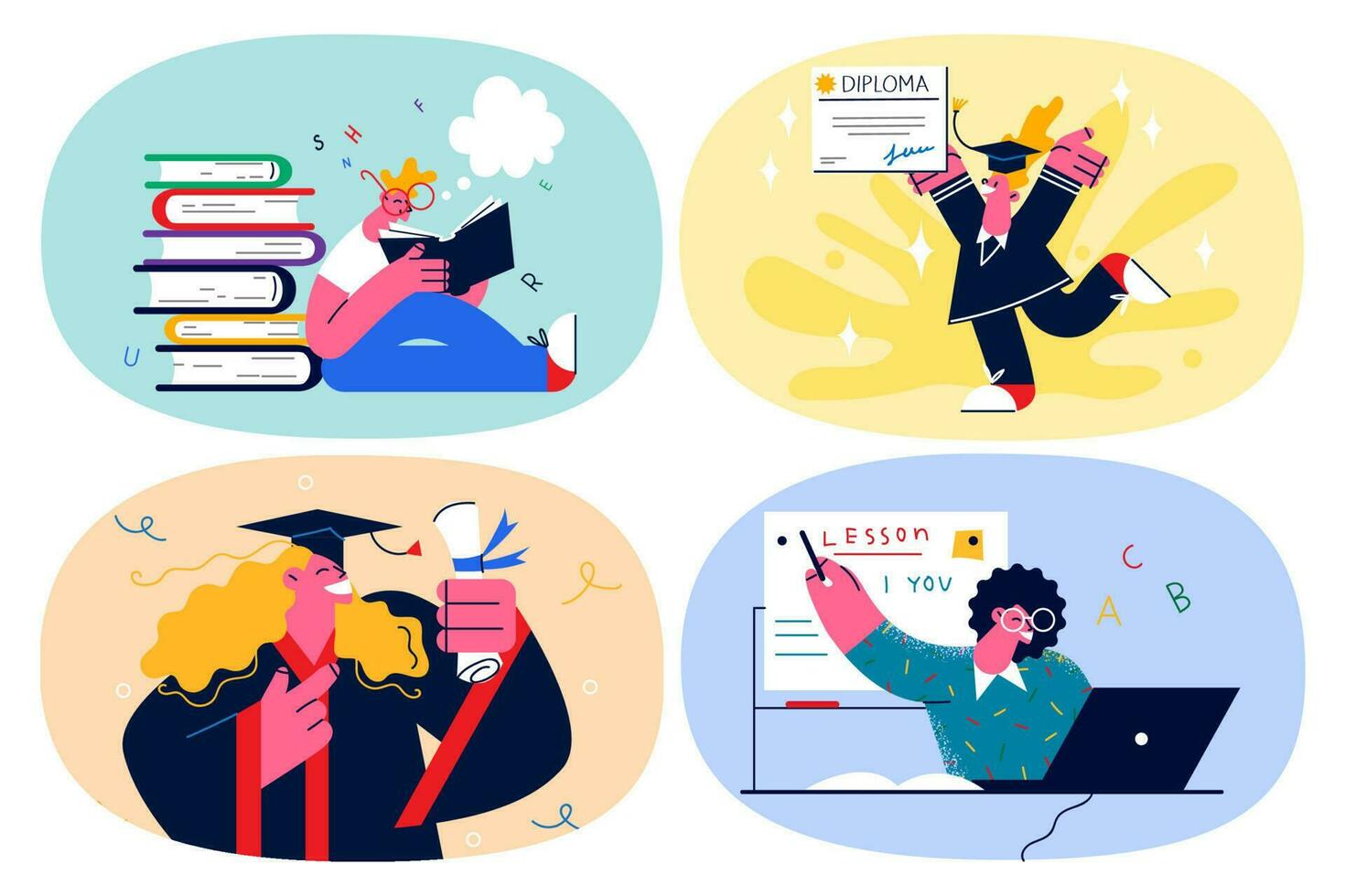 Set of happy people study use computer get graduation certificate from school or university. Smiling students graduate from college receive diploma. Education concept. Flat vector illustration.