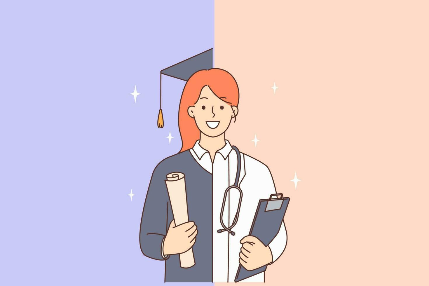 Smiling female college graduate and successful doctor. Happy motivated university student and medical professional. Education and work balance. Vector illustration.