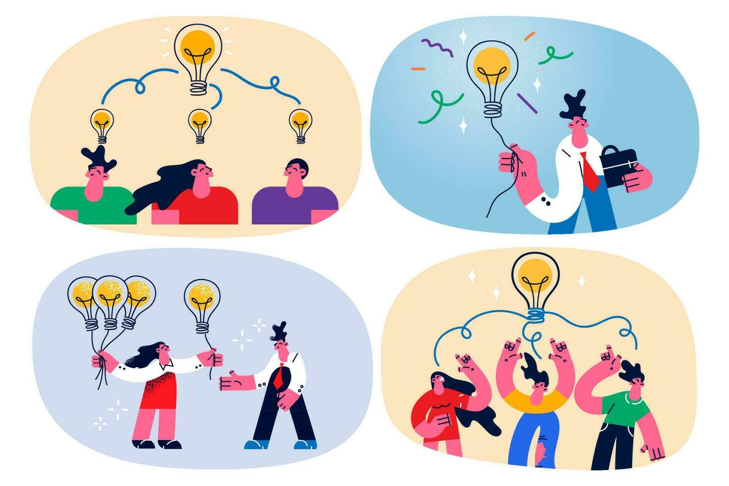 Businesspeople work in groups brainstorm generation idea or plan together. Employee or worker collaborate think solve project develop successful startup. Innovation. Flat vector illustration. Set.