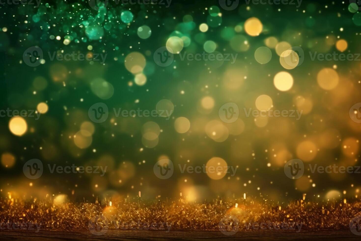Gold and green Fireworks and bokeh in New Year eve and copy space. Abstract background holiday. photo
