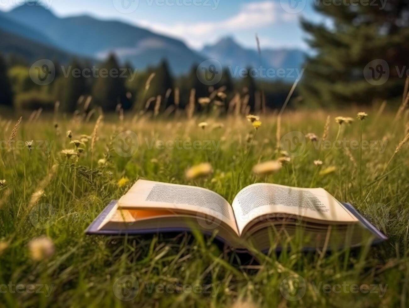Book on the meadow with mountain at background. photo