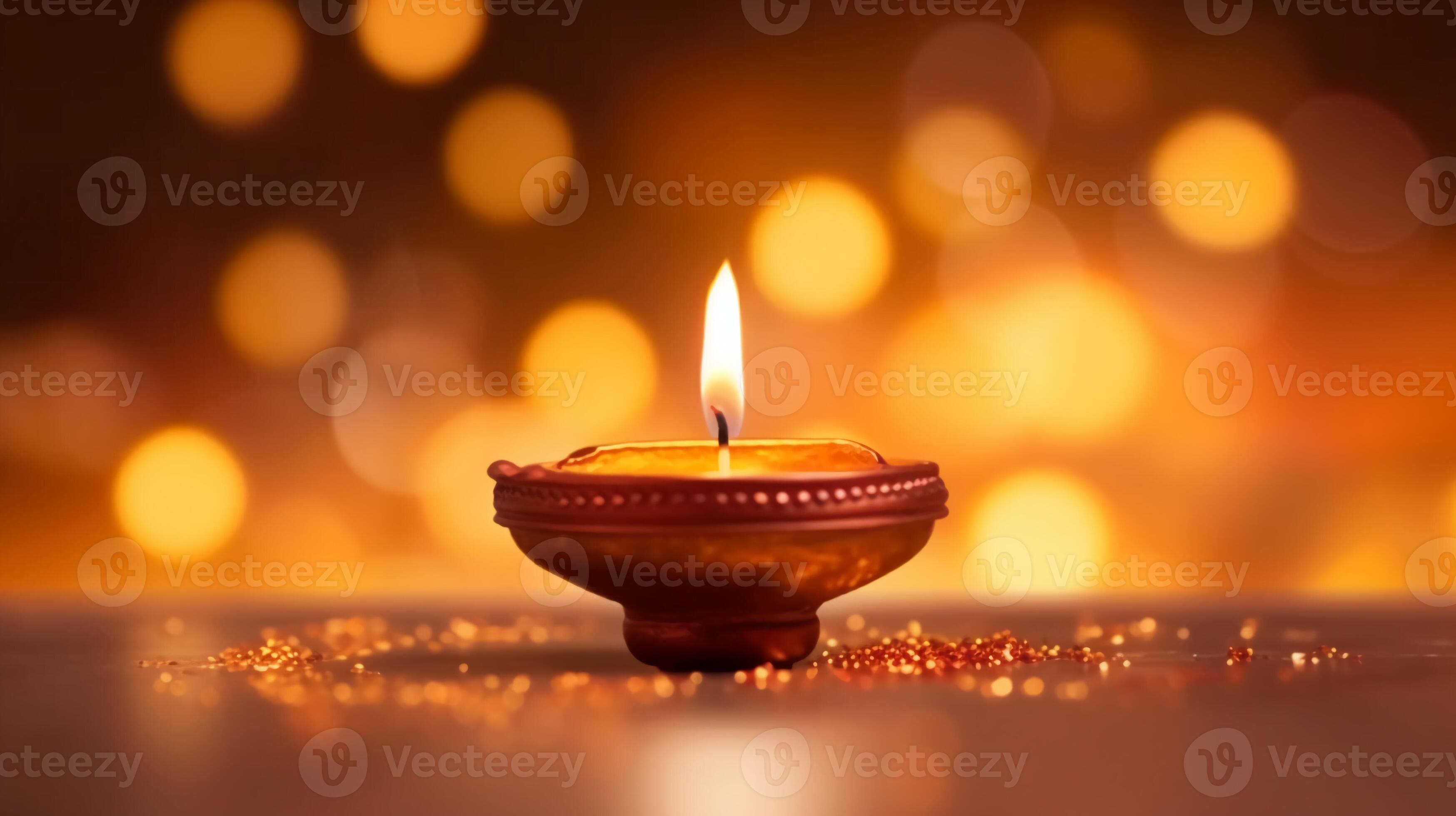 A Diya oil lamp, Diwali concept, blurred Hindu festival of lights