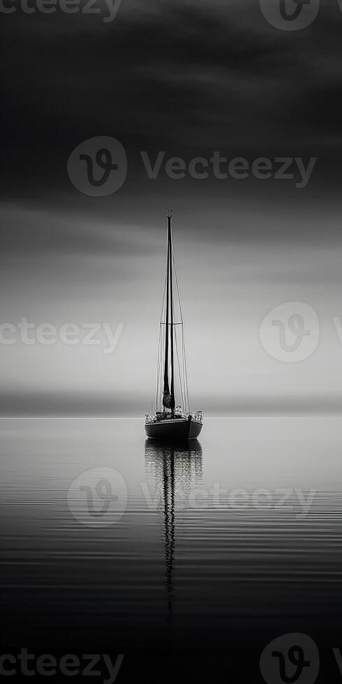 white image of a lone sailboat on a calm sea, photo