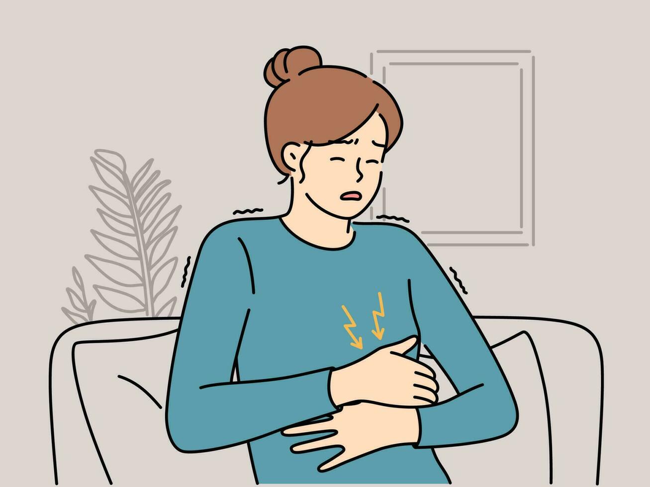 Unhealthy woman sit on couch suffer from stomachache. Unwell female struggle with abdominal pain or cramps. Healthcare. Vector illustration.