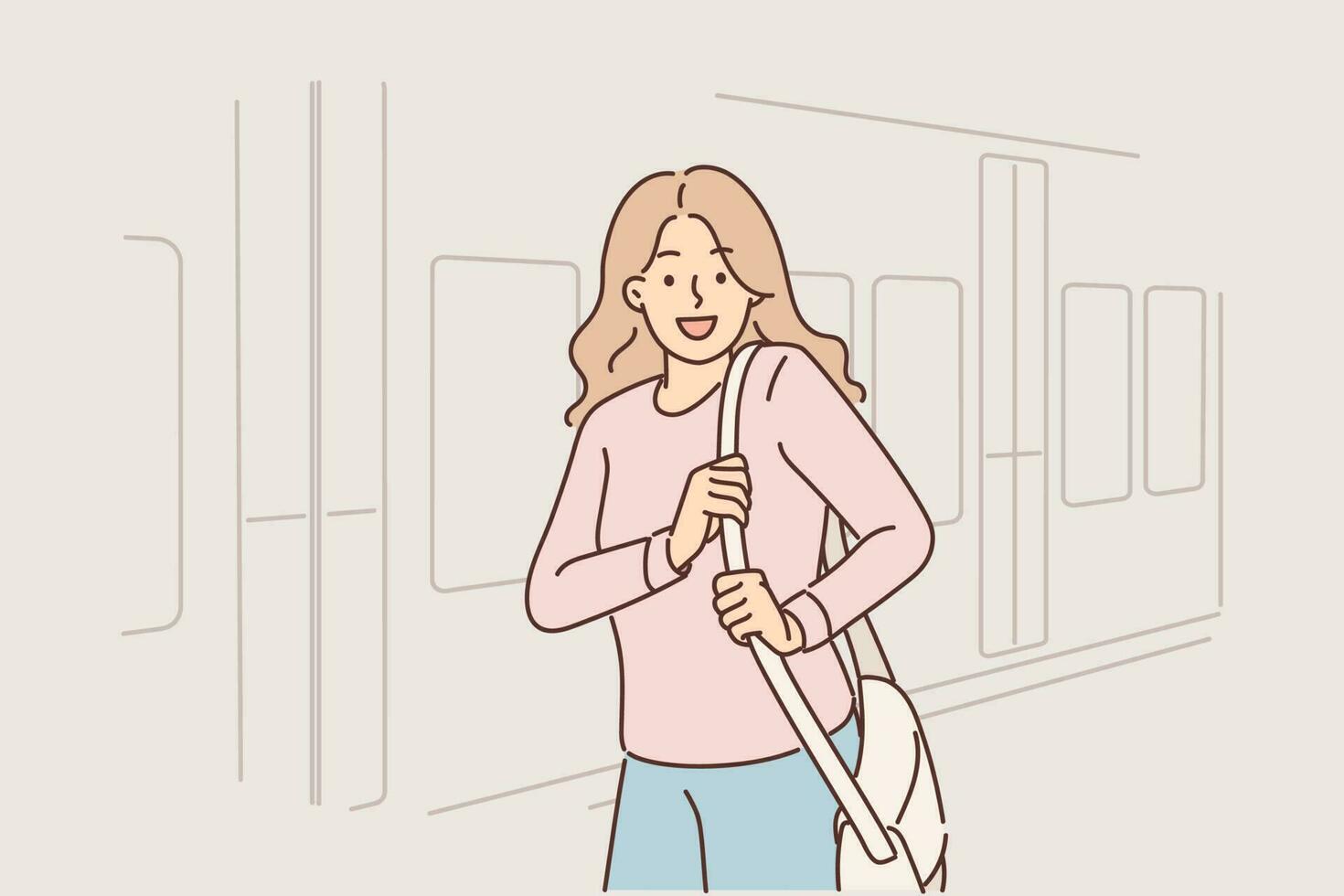 Woman stands near train car on platform of railway station and looks at screen smiling. Girl approaches tram or train and turns around offering to go on trip to another city together. vector