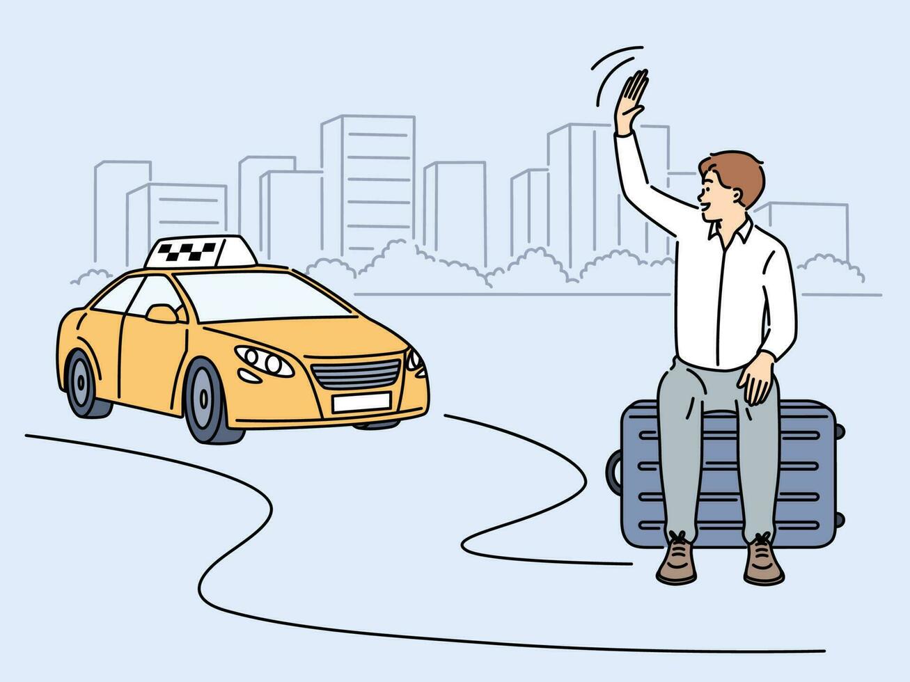 Smiling man sit on suitcase wave to taxi driver. Happy male passenger or traveler waving to cab on road. Vector illustration.