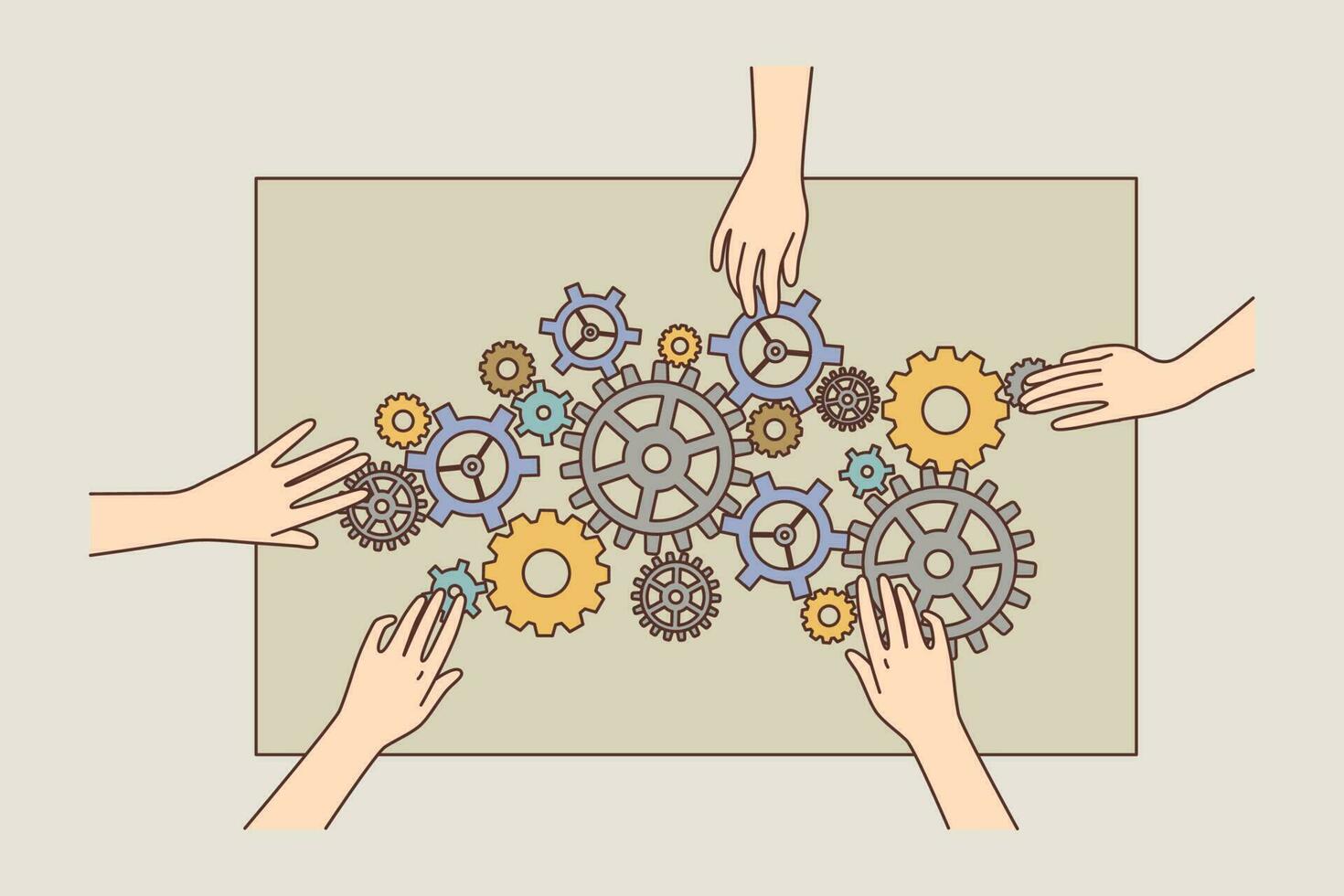 People hands connect cogwheels engaged in teamwork. Employees with gear mechanisms looking for business problem solution. Vector illustration.