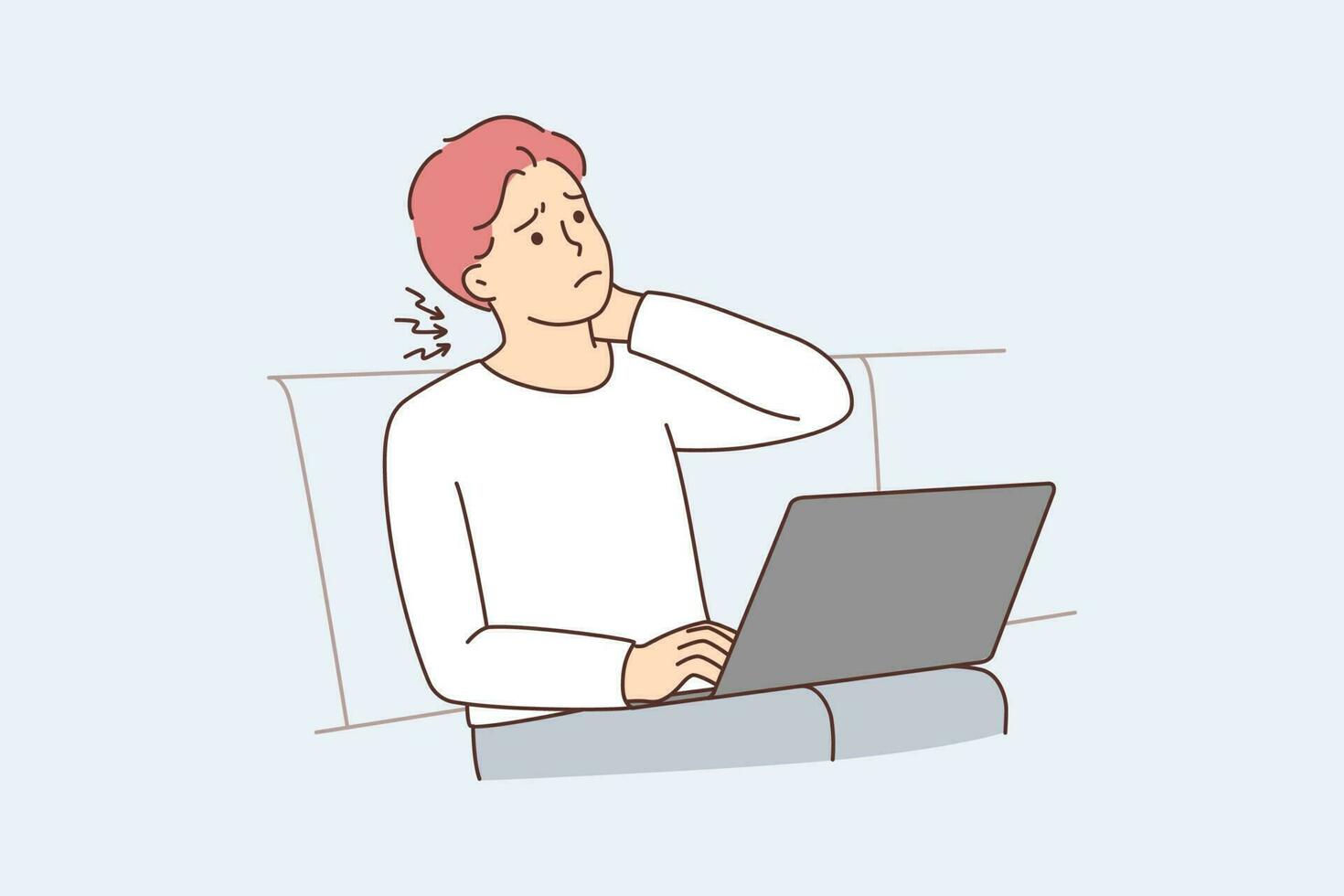 Man sitting on couch working on laptop suffer from neck ache. Unhealthy guy struggle from backache using laptop. Sedentary lifestyle concept. Vector illustration.